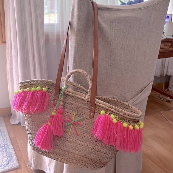 Maroccan Straw Pom Pom Beach Shoppers Bag - Picture 13 of 17